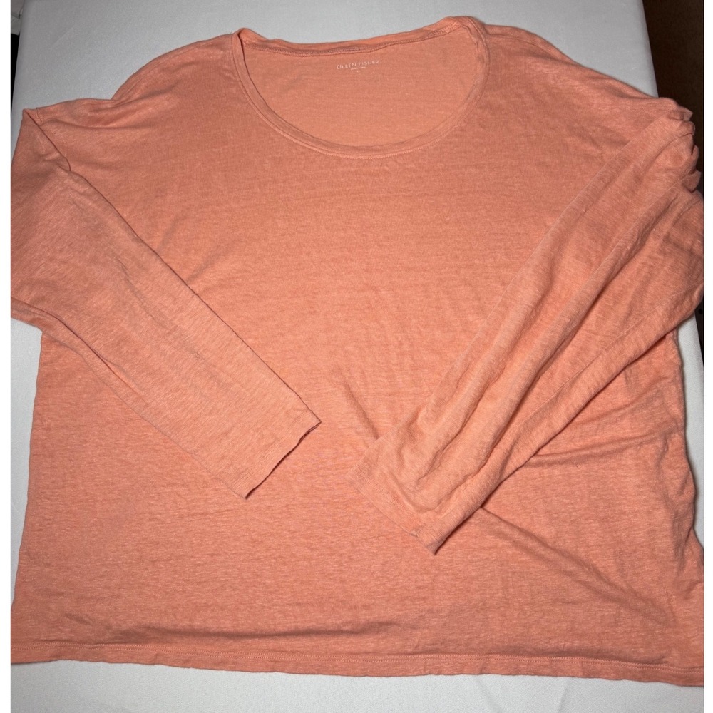 Eileen Fisher Organic Linen Jersey Crew Neck Top Coral Peach Slub Knit Medium